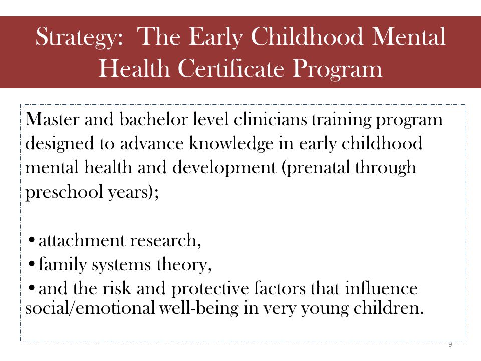 Master and bachelor level clinicians training program designed to advance knowledge in early childhood mental health and development (prenatal through preschool years); attachment research, family systems theory, and the risk and protective factors that influence social/emotional well-being in very young children.