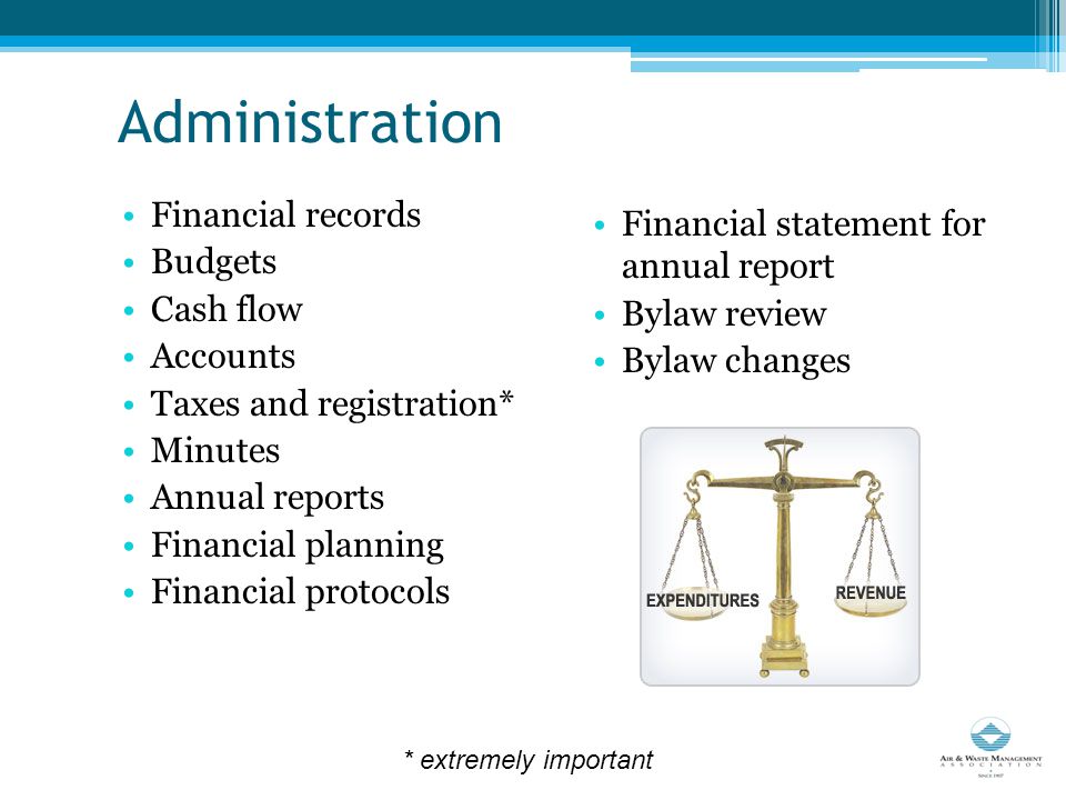 Administration Financial records Budgets Cash flow Accounts Taxes and registration* Minutes Annual reports Financial planning Financial protocols Financial statement for annual report Bylaw review Bylaw changes * extremely important