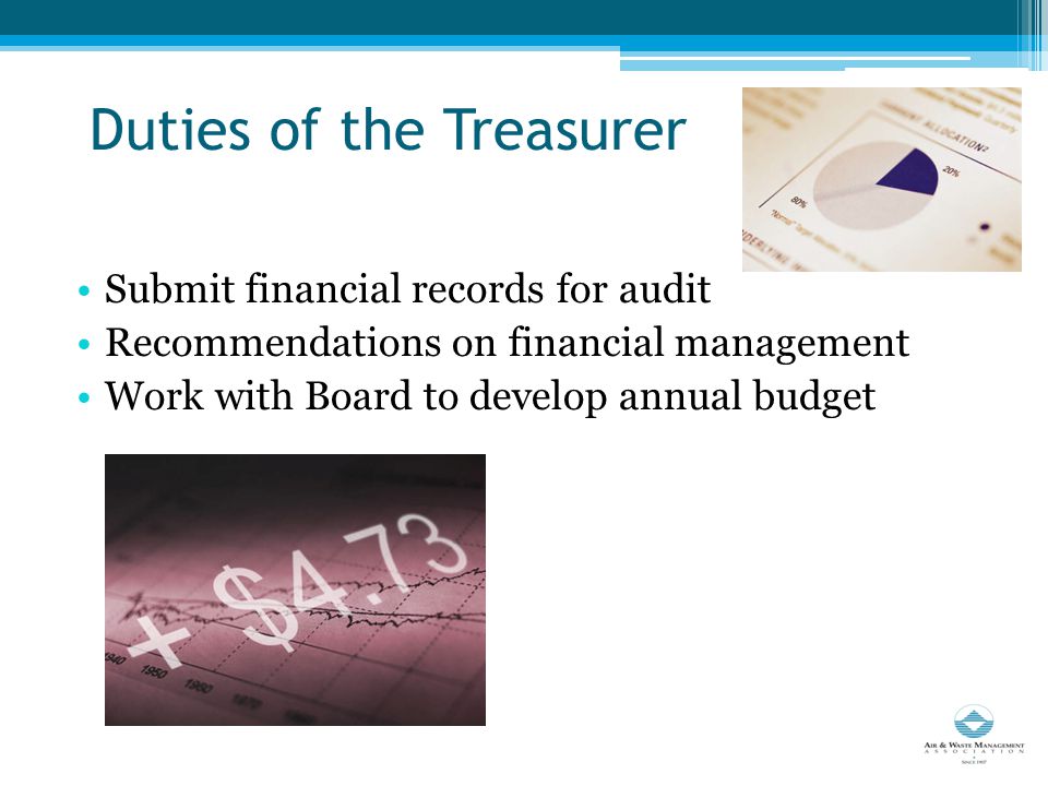 Duties of the Treasurer Submit financial records for audit Recommendations on financial management Work with Board to develop annual budget