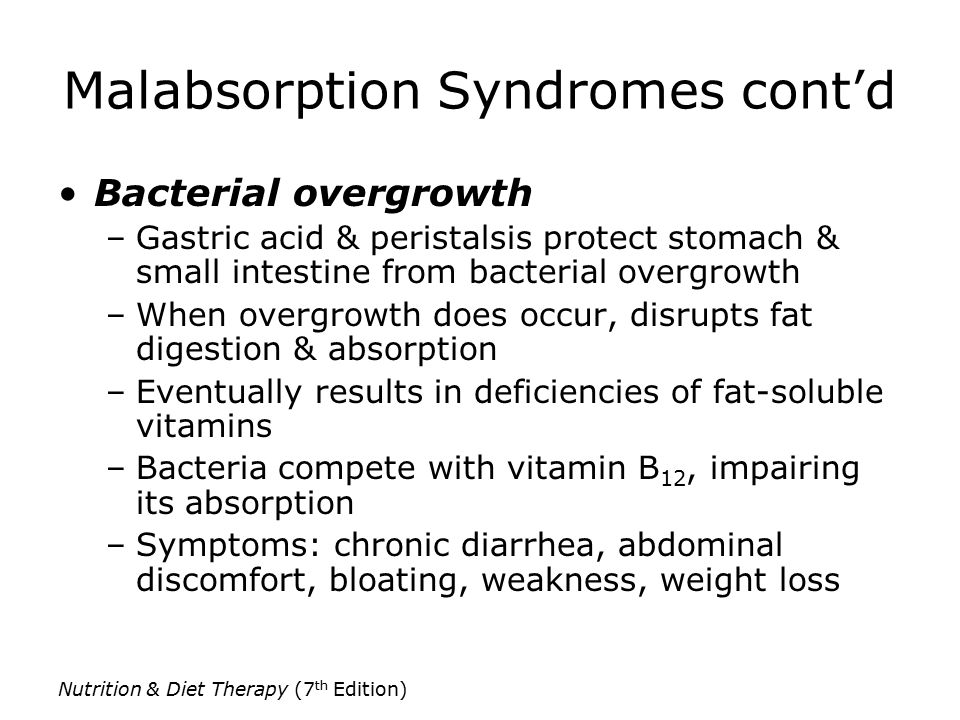 Nutrition & Diet Therapy (7 th Edition) Malabsorption Syndromes cont’d Bacterial overgrowth –Gastric acid & peristalsis protect stomach & small intestine from bacterial overgrowth –When overgrowth does occur, disrupts fat digestion & absorption –Eventually results in deficiencies of fat-soluble vitamins –Bacteria compete with vitamin B 12, impairing its absorption –Symptoms: chronic diarrhea, abdominal discomfort, bloating, weakness, weight loss