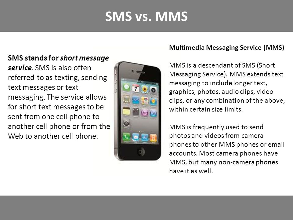 SMS vs. MMS SMS stands for short message service.