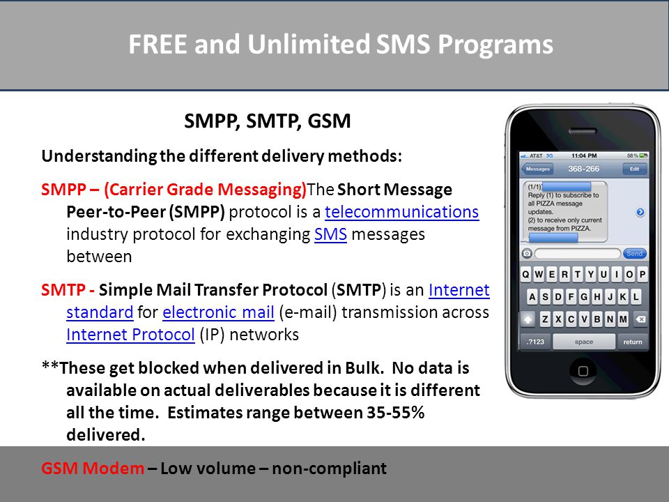 FREE and Unlimited SMS Programs SMPP, SMTP, GSM Understanding the different delivery methods: SMPP – (Carrier Grade Messaging)The Short Message Peer-to-Peer (SMPP) protocol is a telecommunications industry protocol for exchanging SMS messages betweentelecommunicationsSMS SMTP - Simple Mail Transfer Protocol (SMTP) is an Internet standard for electronic mail ( ) transmission across Internet Protocol (IP) networksInternet standardelectronic mail Internet Protocol **These get blocked when delivered in Bulk.