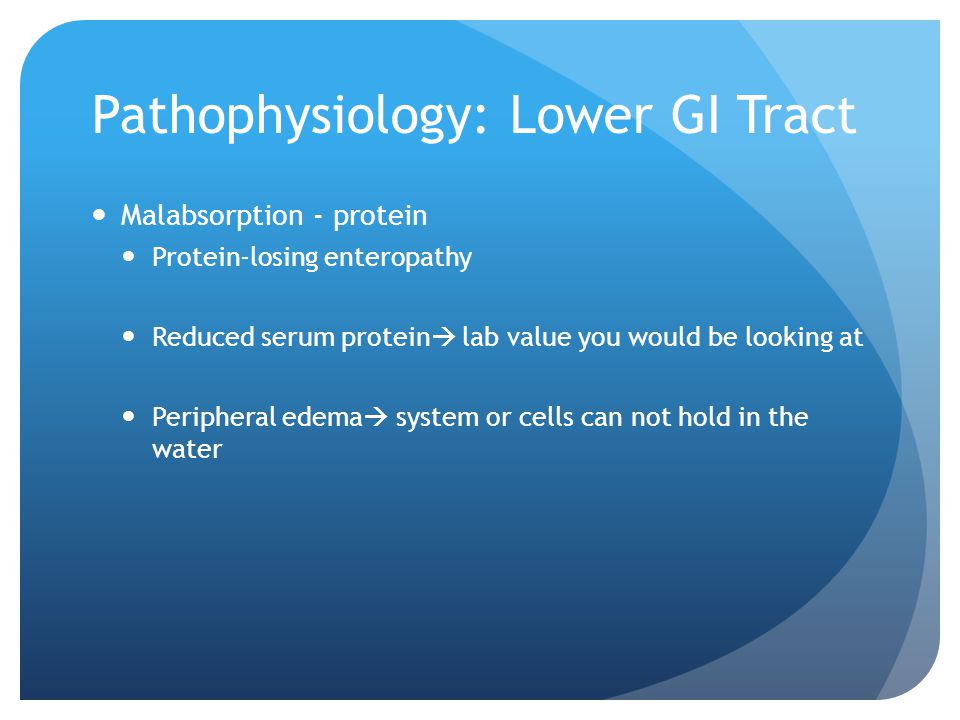 Pathophysiology: Lower GI Tract Malabsorption - protein Protein-losing enteropathy Reduced serum protein  lab value you would be looking at Peripheral edema  system or cells can not hold in the water