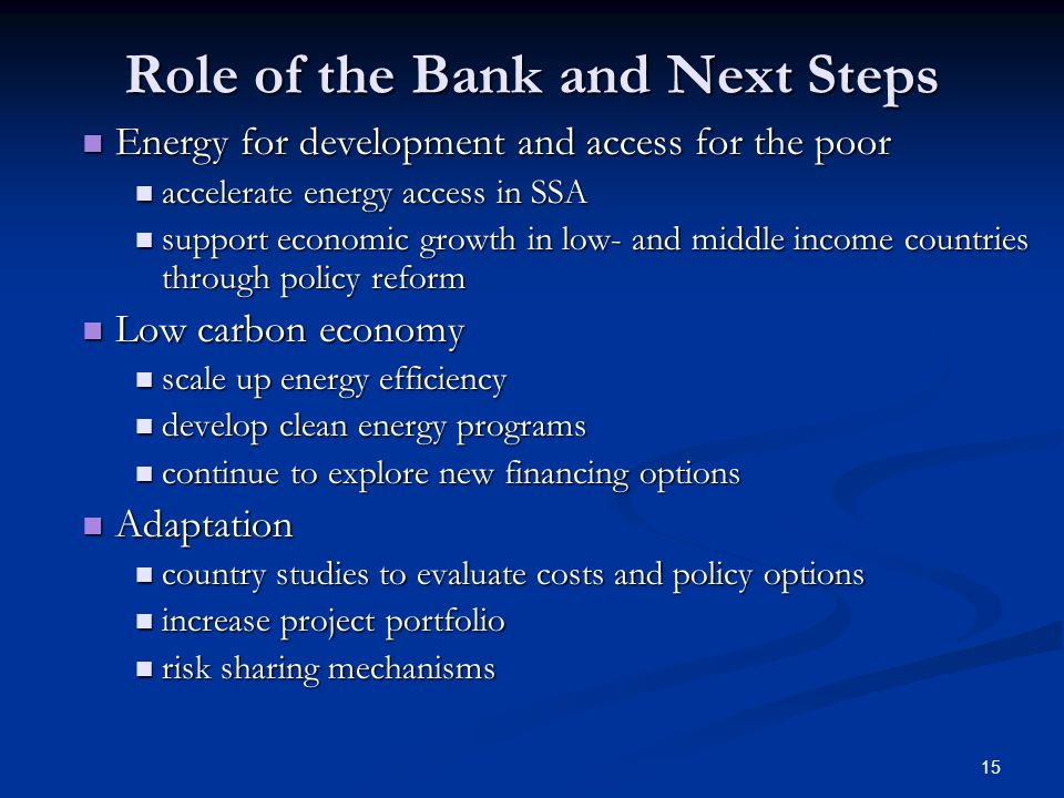 15 Role of the Bank and Next Steps Energy for development and access for the poor Energy for development and access for the poor accelerate energy access in SSA accelerate energy access in SSA support economic growth in low- and middle income countries through policy reform support economic growth in low- and middle income countries through policy reform Low carbon economy Low carbon economy scale up energy efficiency scale up energy efficiency develop clean energy programs develop clean energy programs continue to explore new financing options continue to explore new financing options Adaptation Adaptation country studies to evaluate costs and policy options country studies to evaluate costs and policy options increase project portfolio increase project portfolio risk sharing mechanisms risk sharing mechanisms