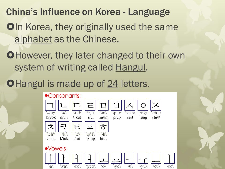China’s Influence on Korea - Language  In Korea, they originally used the same alphabet as the Chinese.