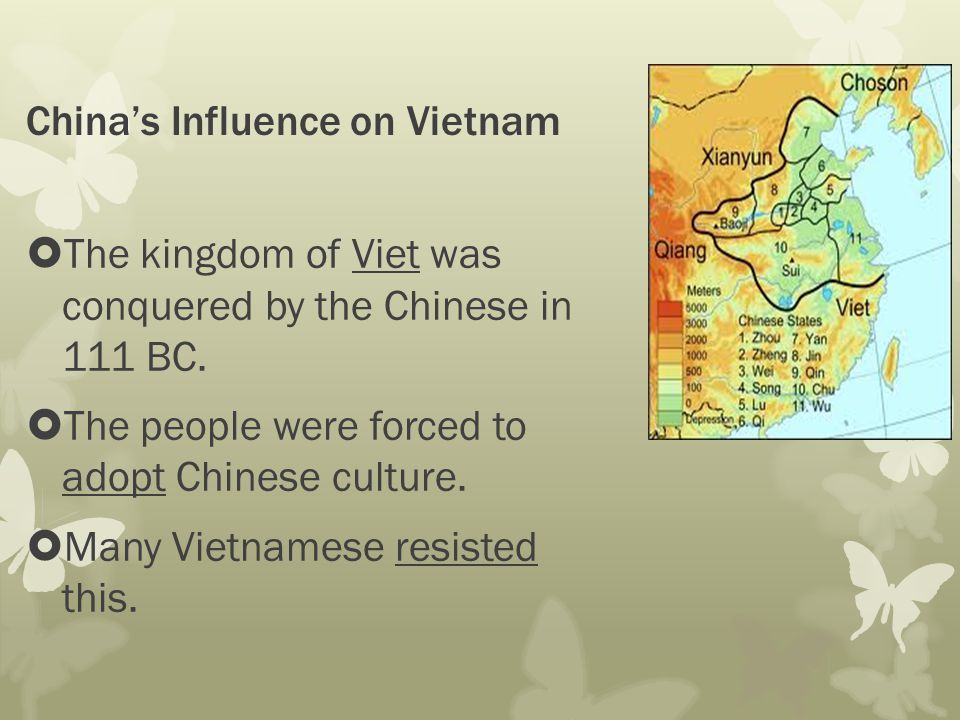 China’s Influence on Vietnam  The kingdom of Viet was conquered by the Chinese in 111 BC.