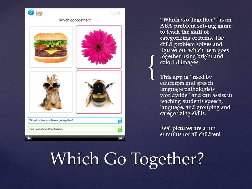 { Which Go Together is an ABA problem solving game to teach the skill of categorizing of items.