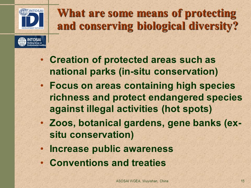 ASOSAI WGEA, Wuyishan, China15 What are some means of protecting and conserving biological diversity.