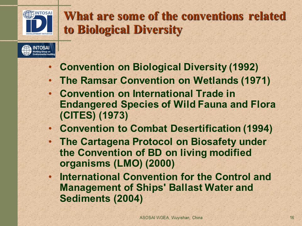 ASOSAI WGEA, Wuyishan, China16 What are some of the conventions related to Biological Diversity Convention on Biological Diversity (1992) The Ramsar Convention on Wetlands (1971) Convention on International Trade in Endangered Species of Wild Fauna and Flora (CITES) (1973) Convention to Combat Desertification (1994) The Cartagena Protocol on Biosafety under the Convention of BD on living modified organisms (LMO) (2000) International Convention for the Control and Management of Ships Ballast Water and Sediments (2004)