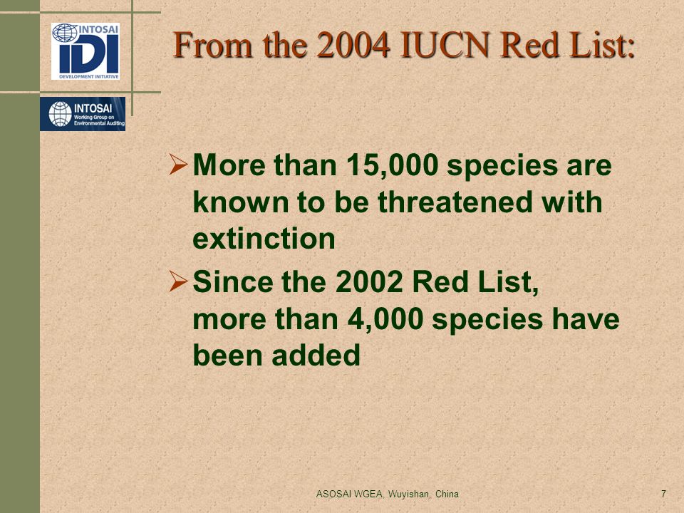 ASOSAI WGEA, Wuyishan, China7 From the 2004 IUCN Red List:  More than 15,000 species are known to be threatened with extinction  Since the 2002 Red List, more than 4,000 species have been added