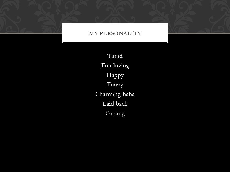 Timid Fun loving Happy Funny Charming haha Laid back Careing MY PERSONALITY