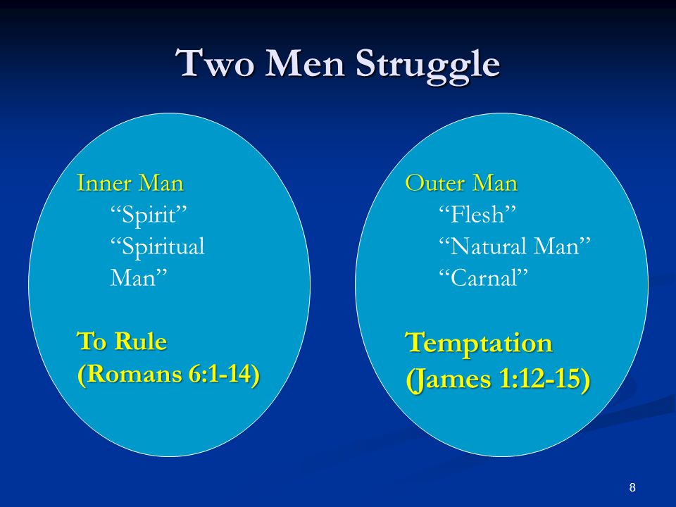 Two Men Struggle Outer Man Flesh Natural Man Carnal Temptation (James 1:12-15) Inner Man Spirit Spiritual Man To Rule (Romans 6:1-14) 8