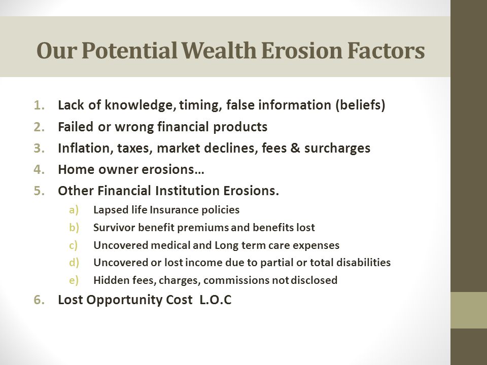 Our Potential Wealth Erosion Factors 1.Lack of knowledge, timing, false information (beliefs) 2.Failed or wrong financial products 3.Inflation, taxes, market declines, fees & surcharges 4.Home owner erosions… 5.Other Financial Institution Erosions.