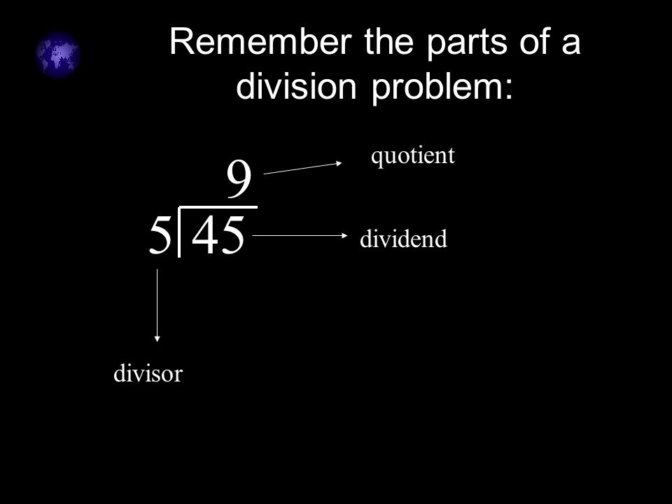 Click to edit Master text styles –Second level Third level –Fourth level »Fifth level Remember the parts of a division problem: dividend divisor quotient