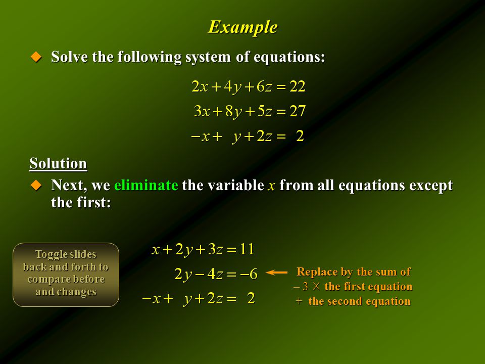 Example  Solve the following system of equations: Solution  Next, we eliminate the variable x from all equations except the first: Replace by the sum of – 3 ☓ the first equation + the second equation Toggle slides back and forth to compare before and changes