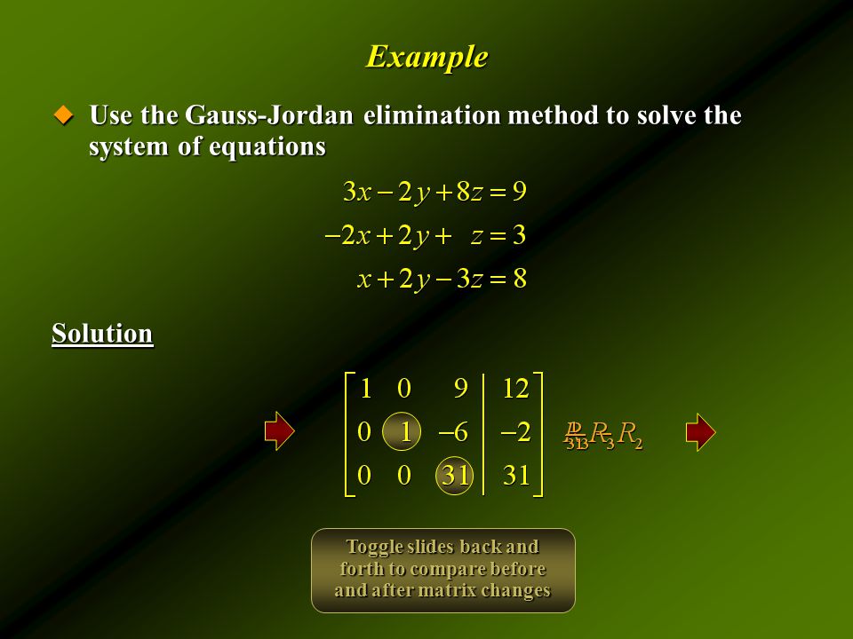 Example  Use the Gauss-Jordan elimination method to solve the system of equations Solution Toggle slides back and forth to compare before and after matrix changes