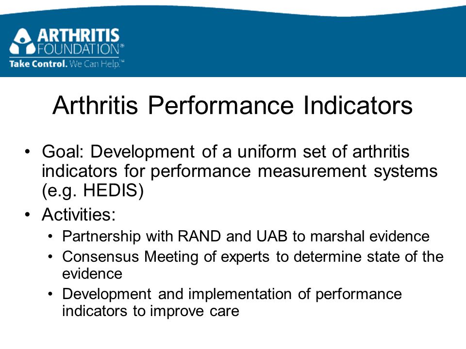 Arthritis Performance Indicators Goal: Development of a uniform set of arthritis indicators for performance measurement systems (e.g.