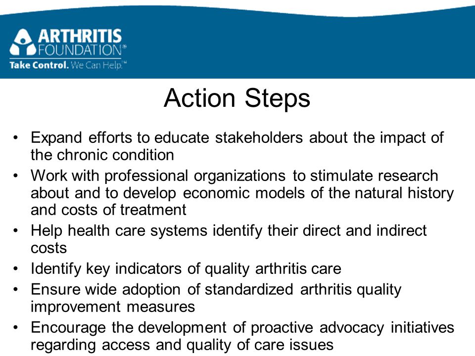 Action Steps Expand efforts to educate stakeholders about the impact of the chronic condition Work with professional organizations to stimulate research about and to develop economic models of the natural history and costs of treatment Help health care systems identify their direct and indirect costs Identify key indicators of quality arthritis care Ensure wide adoption of standardized arthritis quality improvement measures Encourage the development of proactive advocacy initiatives regarding access and quality of care issues