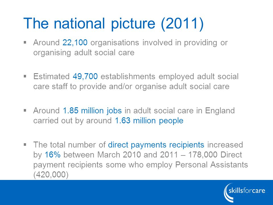The national picture (2011)  Around 22,100 organisations involved in providing or organising adult social care  Estimated 49,700 establishments employed adult social care staff to provide and/or organise adult social care  Around 1.85 million jobs in adult social care in England carried out by around 1.63 million people  The total number of direct payments recipients increased by 16% between March 2010 and 2011 – 178,000 Direct payment recipients some who employ Personal Assistants (420,000)