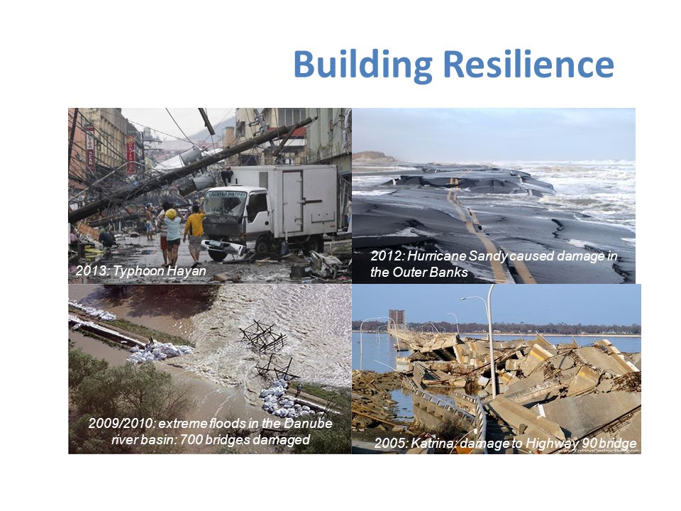 Building Resilience 2013: Typhoon Hayan 2012: Hurricane Sandy caused damage in the Outer Banks 2009/2010: extreme floods in the Danube river basin: 700 bridges damaged 2005: Katrina: damage to Highway 90 bridge