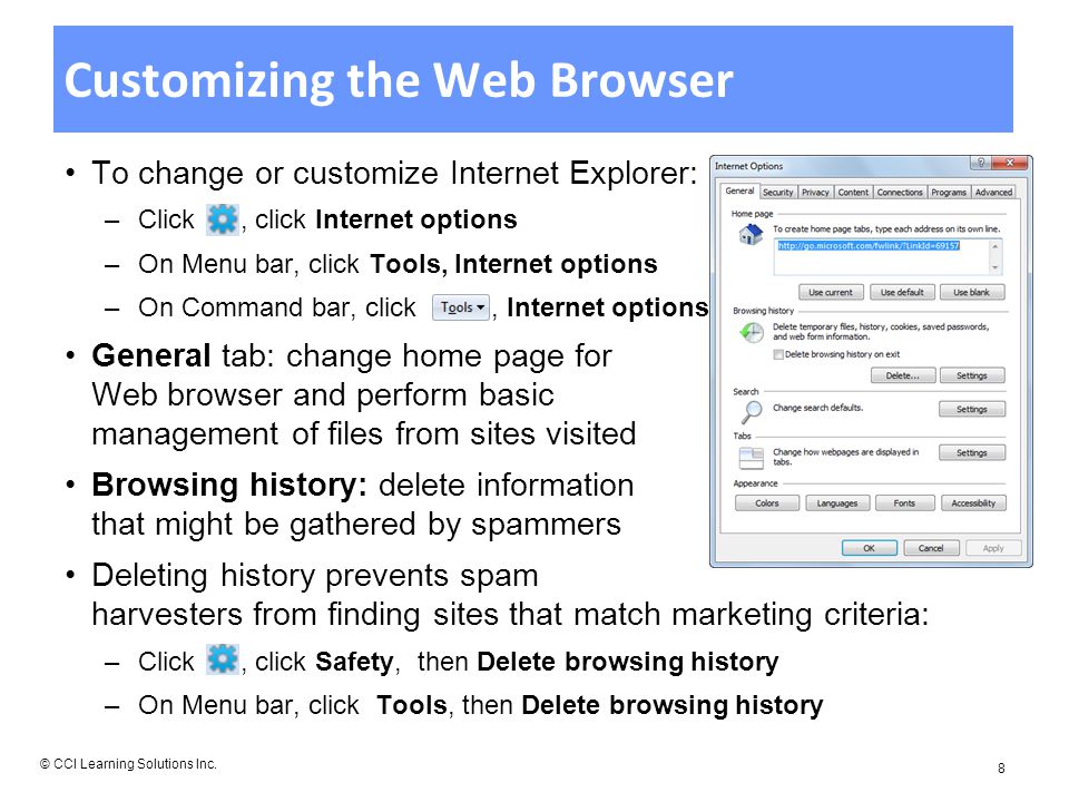 Customizing the Web Browser To change or customize Internet Explorer: –Click, click Internet options –On Menu bar, click Tools, Internet options –On Command bar, click, Internet options General tab: change home page for Web browser and perform basic management of files from sites visited Browsing history: delete information that might be gathered by spammers Deleting history prevents spam harvesters from finding sites that match marketing criteria: –Click, click Safety, then Delete browsing history –On Menu bar, click Tools, then Delete browsing history © CCI Learning Solutions Inc.