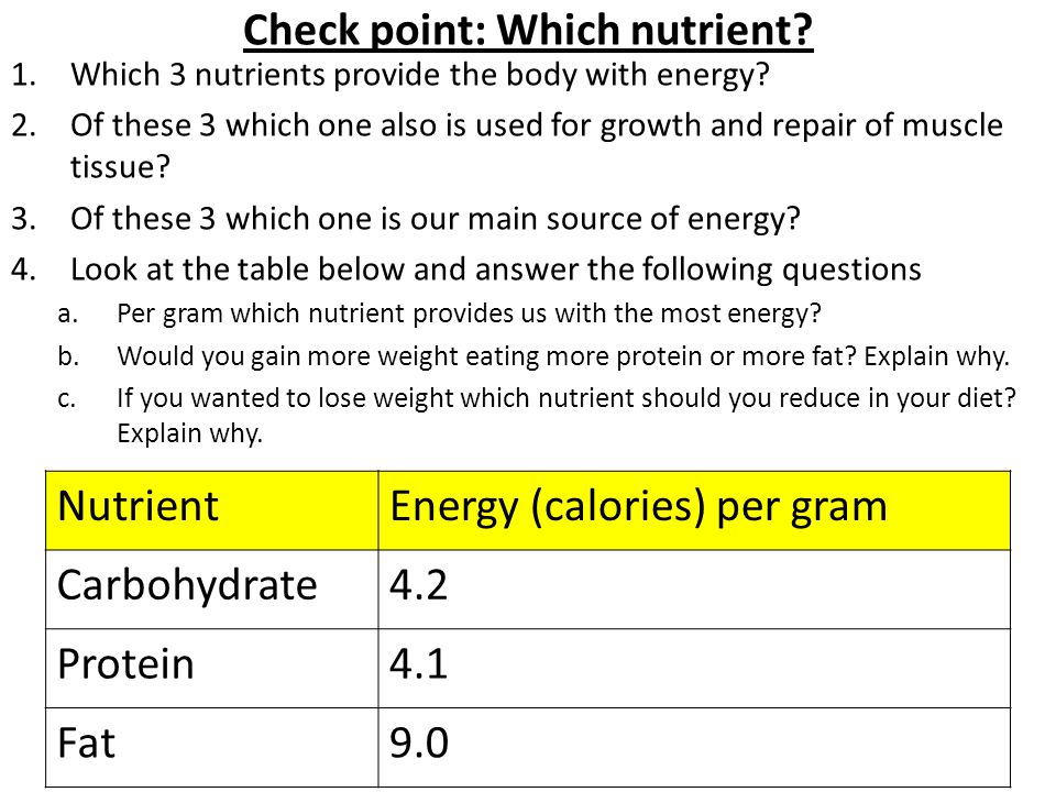 Check point: Which nutrient. 1.Which 3 nutrients provide the body with energy.