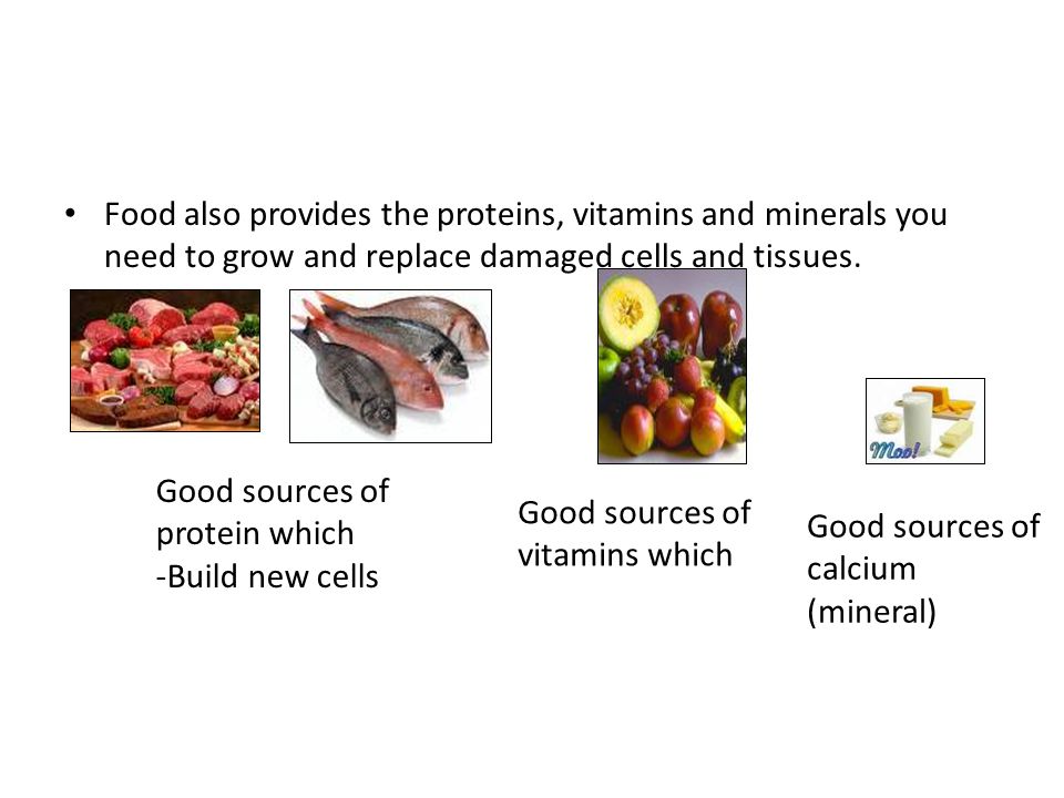 Food also provides the proteins, vitamins and minerals you need to grow and replace damaged cells and tissues.