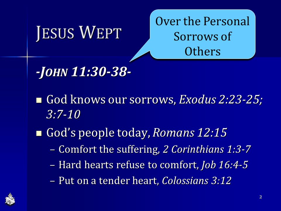 J ESUS W EPT -J OHN 11: God knows our sorrows, Exodus 2:23-25; 3:7-10 God knows our sorrows, Exodus 2:23-25; 3:7-10 God’s people today, Romans 12:15 God’s people today, Romans 12:15 –Comfort the suffering, 2 Corinthians 1:3-7 –Hard hearts refuse to comfort, Job 16:4-5 –Put on a tender heart, Colossians 3:12 Over the Personal Sorrows of Others 2