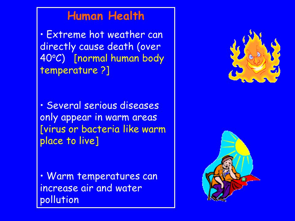 Human Health Extreme hot weather can directly cause death (over 40 o C) [normal human body temperature ] Several serious diseases only appear in warm areas [virus or bacteria like warm place to live] Warm temperatures can increase air and water pollution
