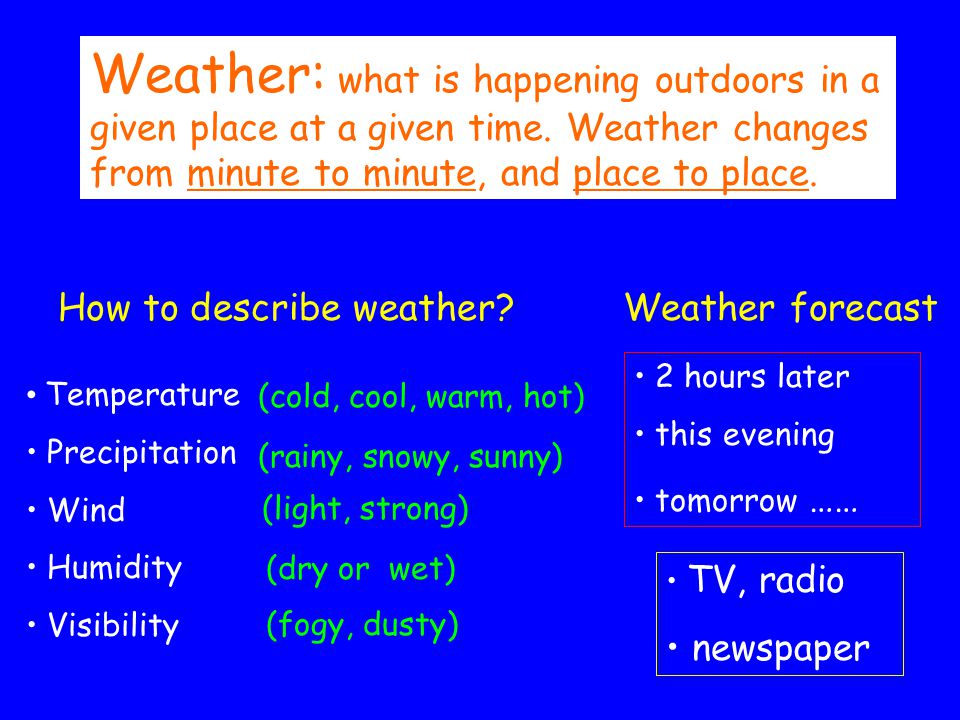 Weather: what is happening outdoors in a given place at a given time.
