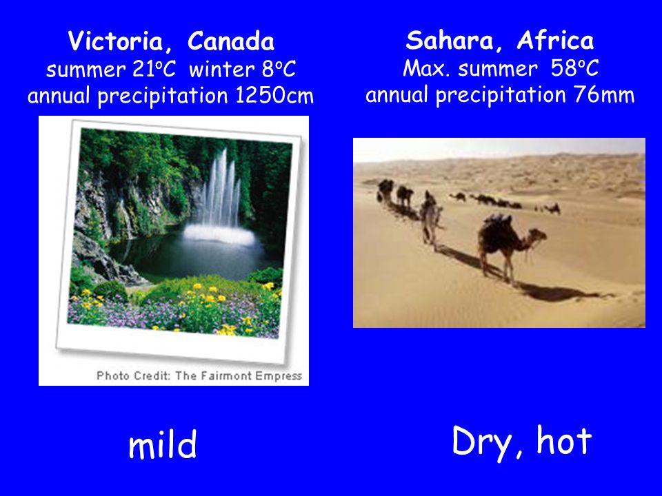 Victoria, Canada summer 21 o C winter 8 o C annual precipitation 1250cm Sahara, Africa Max.