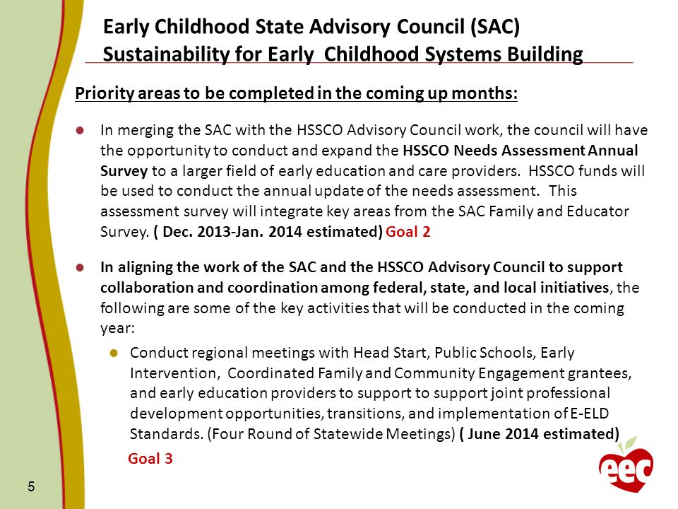 Priority areas to be completed in the coming up months: In merging the SAC with the HSSCO Advisory Council work, the council will have the opportunity to conduct and expand the HSSCO Needs Assessment Annual Survey to a larger field of early education and care providers.