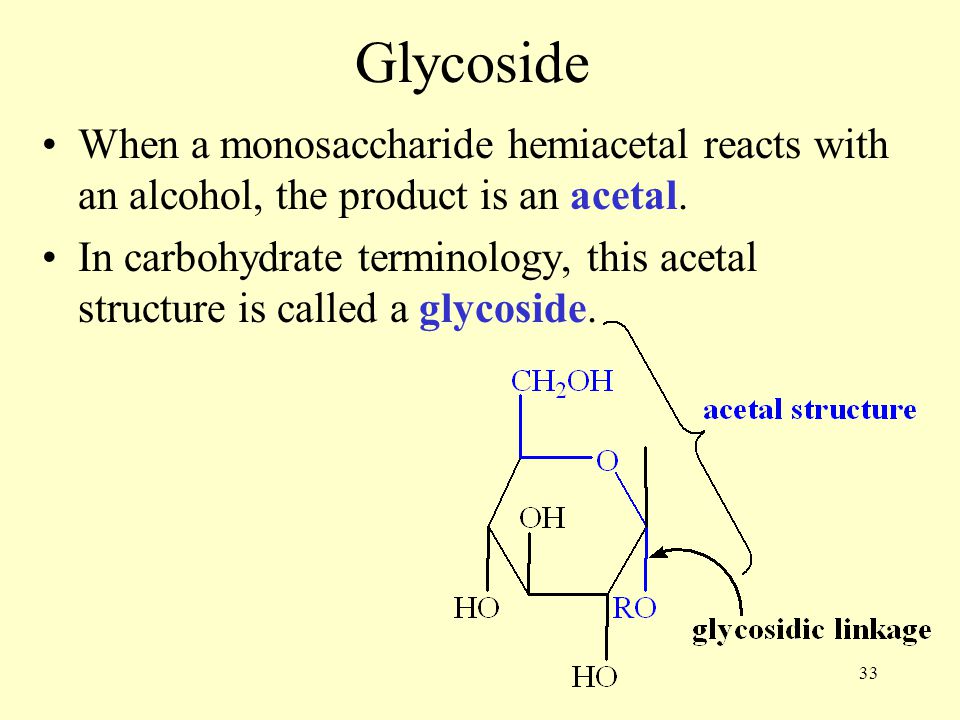 33 Glycoside When a monosaccharide hemiacetal reacts with an alcohol, the product is an acetal.
