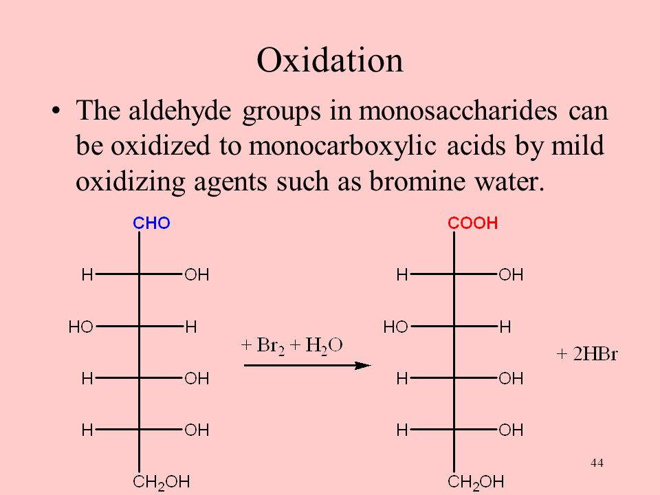 44 Oxidation The aldehyde groups in monosaccharides can be oxidized to monocarboxylic acids by mild oxidizing agents such as bromine water.