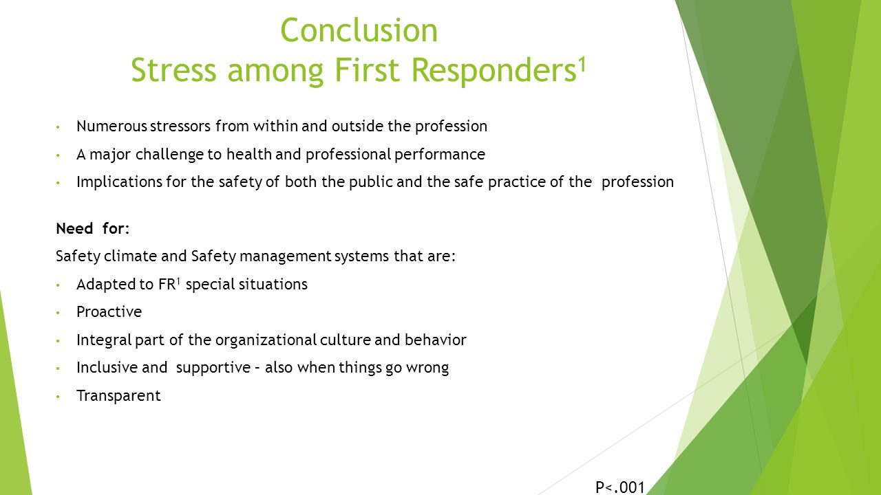 Conclusion Stress among First Responders 1 Numerous stressors from within and outside the profession A major challenge to health and professional performance Implications for the safety of both the public and the safe practice of the profession Need for: Safety climate and Safety management systems that are: Adapted to FR 1 special situations Proactive Integral part of the organizational culture and behavior Inclusive and supportive – also when things go wrong Transparent P<.001
