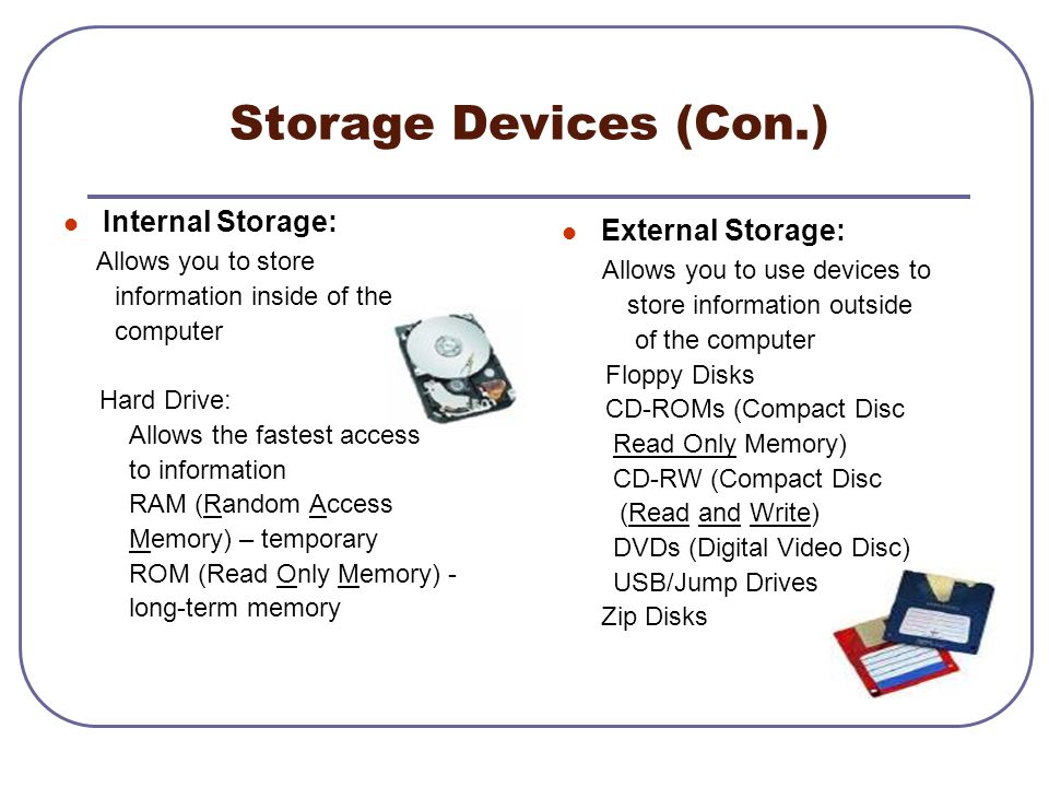 Storage Devices (Con.) Internal Storage: Allows you to store information inside of the computer Hard Drive: Allows the fastest access to information RAM (Random Access Memory) – temporary ROM (Read Only Memory) - long-term memory External Storage: Allows you to use devices to store information outside of the computer Floppy Disks CD-ROMs (Compact Disc Read Only Memory) CD-RW (Compact Disc (Read and Write) DVDs (Digital Video Disc) USB/Jump Drives Zip Disks