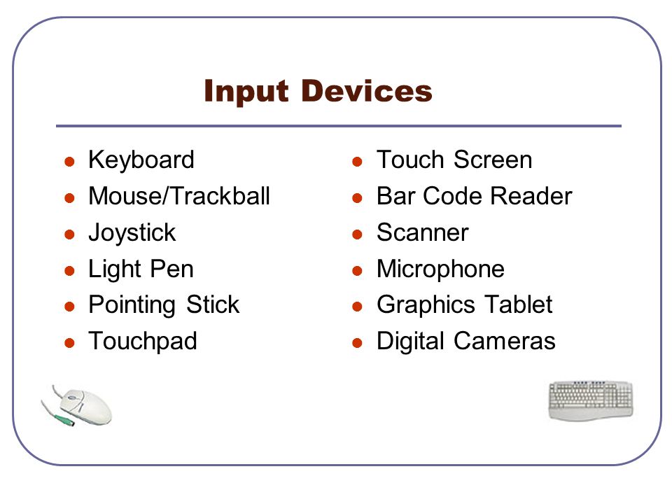 Input Devices Keyboard Mouse/Trackball Joystick Light Pen Pointing Stick Touchpad Touch Screen Bar Code Reader Scanner Microphone Graphics Tablet Digital Cameras