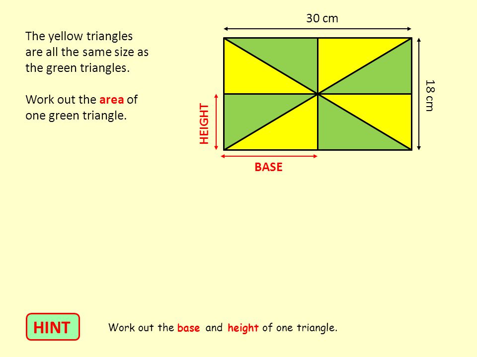 The yellow triangles are all the same size as the green triangles.