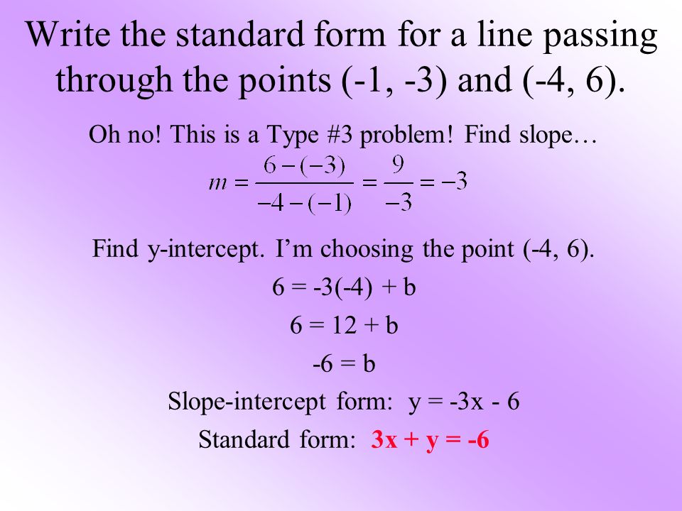 Oh no. This is a Type #3 problem. Find slope… Find y-intercept.