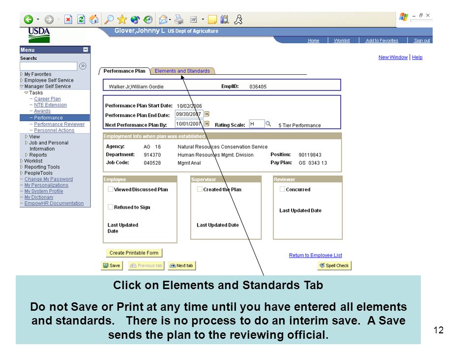 12 Click on Elements and Standards Tab Do not Save or Print at any time until you have entered all elements and standards.