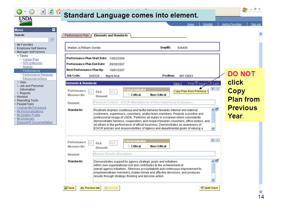 14 Standard Language comes into element. DO NOT click Copy Plan from Previous Year.