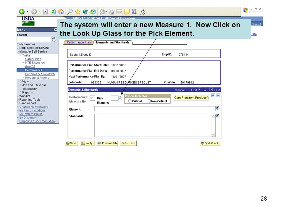 28 The system will enter a new Measure 1. Now Click on the Look Up Glass for the Pick Element.