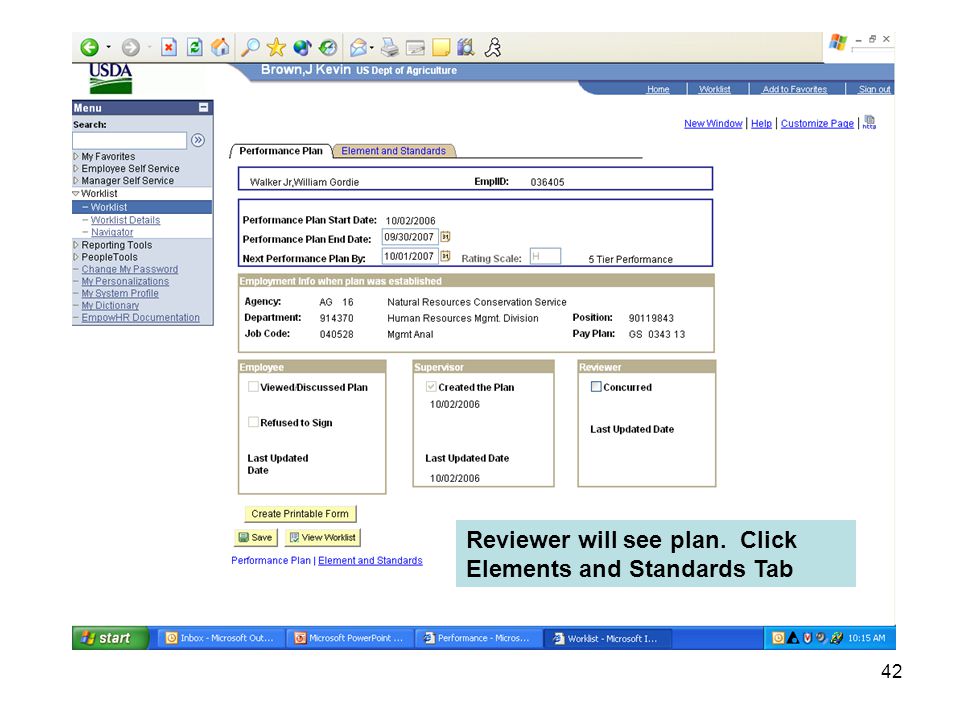 42 Reviewer will see plan. Click Elements and Standards Tab