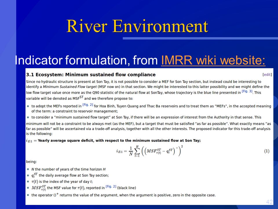River Environment Indicator formulation, from IMRR wiki website:IMRR wiki website: 42