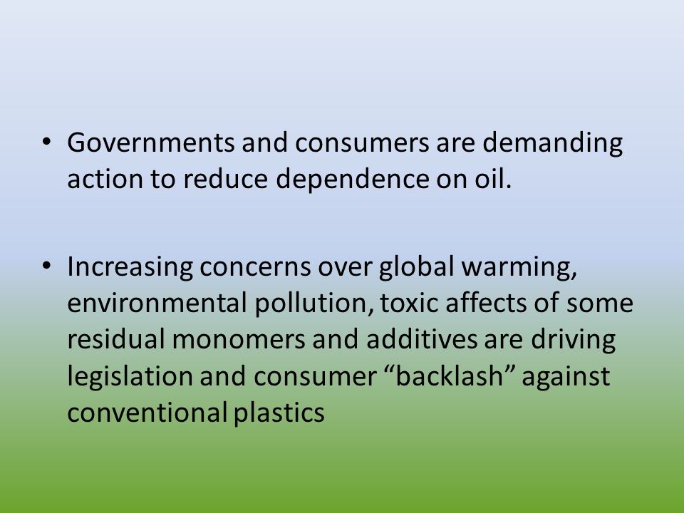Governments and consumers are demanding action to reduce dependence on oil.
