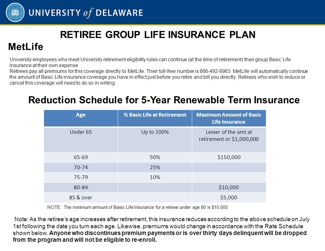 RETIREE GROUP LIFE INSURANCE PLAN MetLife University employees who meet University retirement eligibility rules can continue (at the time of retirement) their group Basic Life insurance at their own expense.