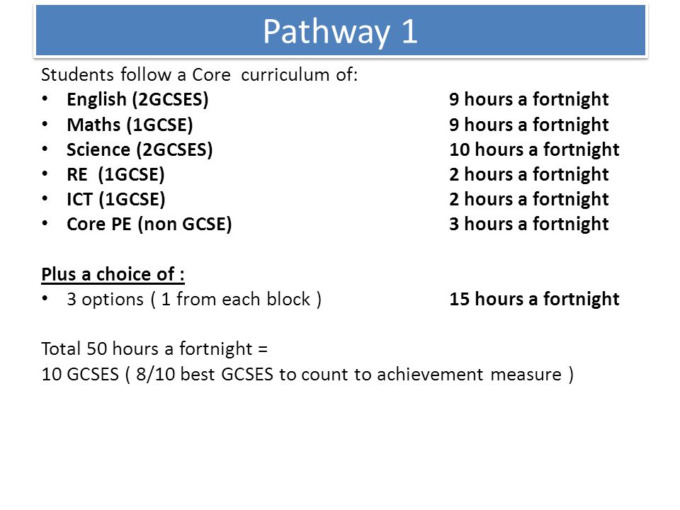 Pathway 1 Students follow a Core curriculum of: English (2GCSES)9 hours a fortnight Maths (1GCSE)9 hours a fortnight Science (2GCSES)10 hours a fortnight RE (1GCSE)2 hours a fortnight ICT (1GCSE)2 hours a fortnight Core PE (non GCSE)3 hours a fortnight Plus a choice of : 3 options ( 1 from each block )15 hours a fortnight Total 50 hours a fortnight = 10 GCSES ( 8/10 best GCSES to count to achievement measure )