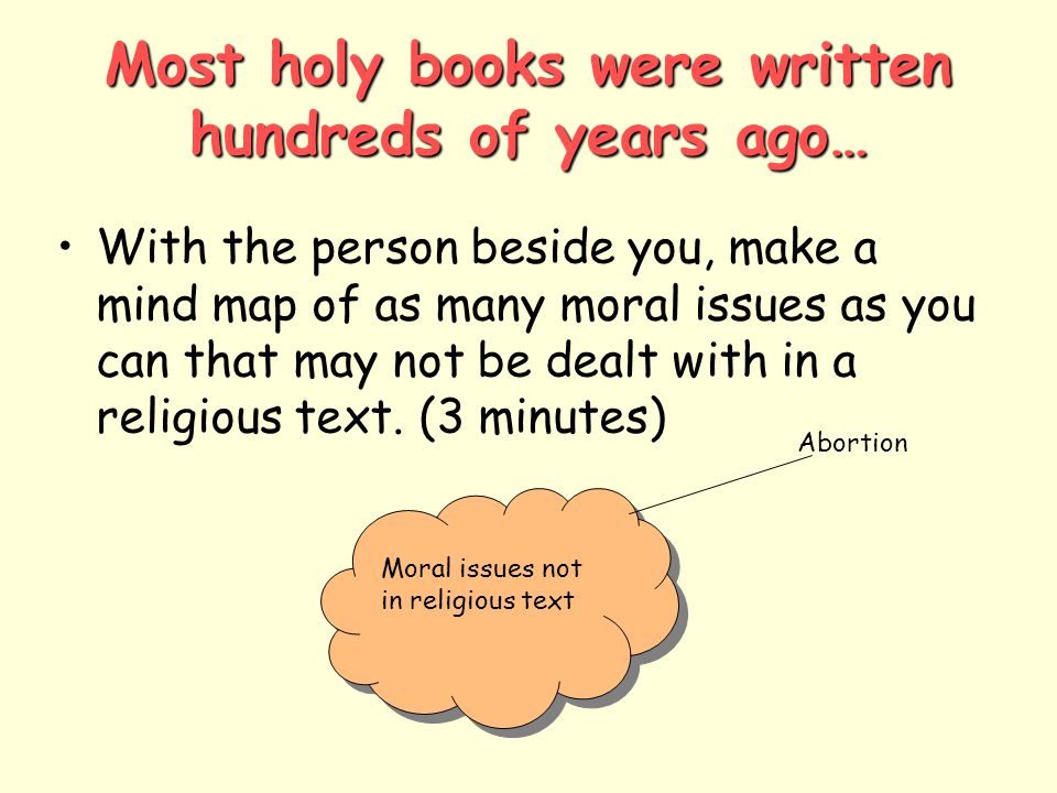 Most holy books were written hundreds of years ago… With the person beside you, make a mind map of as many moral issues as you can that may not be dealt with in a religious text.