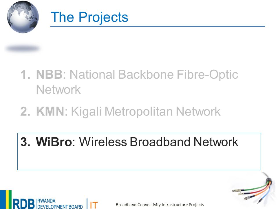 IT Broadband Connectivity Infrastructure Projects The Projects 1.NBB: National Backbone Fibre-Optic Network 2.KMN: Kigali Metropolitan Network 3.WiBro: Wireless Broadband Network