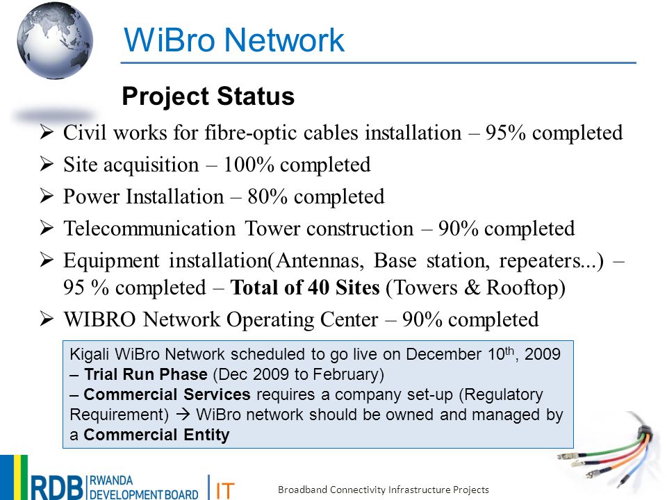 IT Broadband Connectivity Infrastructure Projects WiBro Network  Civil works for fibre-optic cables installation – 95% completed  Site acquisition – 100% completed  Power Installation – 80% completed  Telecommunication Tower construction – 90% completed  Equipment installation(Antennas, Base station, repeaters...) – 95 % completed – Total of 40 Sites (Towers & Rooftop)  WIBRO Network Operating Center – 90% completed Project Status Kigali WiBro Network scheduled to go live on December 10 th, 2009 – Trial Run Phase (Dec 2009 to February) – Commercial Services requires a company set-up (Regulatory Requirement)  WiBro network should be owned and managed by a Commercial Entity